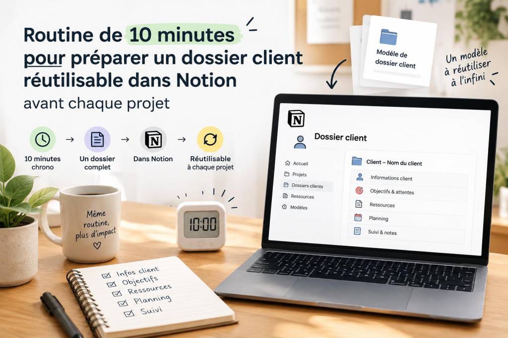 Routine de 10 minutes pour préparer un dossier client réutilisable dans notion avant chaque projet