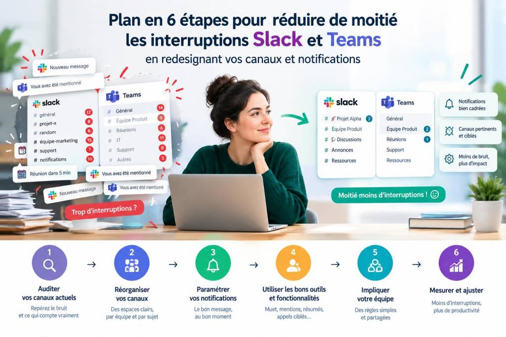 Plan en 6 étapes pour réduire de moitié les interruptions slack et teams en redesignant vos canaux et notifications